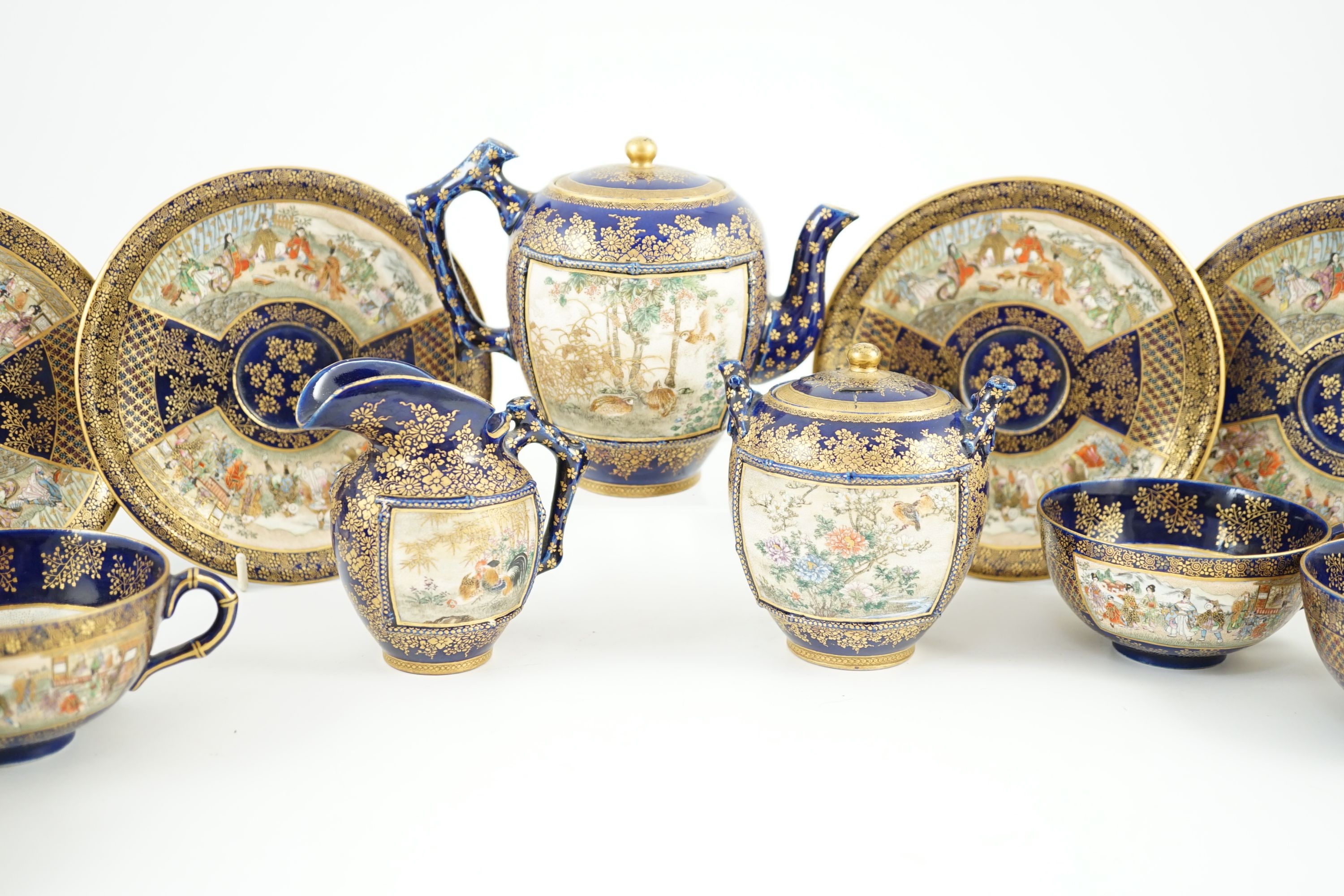 A group of Japanese Satsuma pottery tea wares, by Kinkozan, Meiji period, Saucers 15.2cm